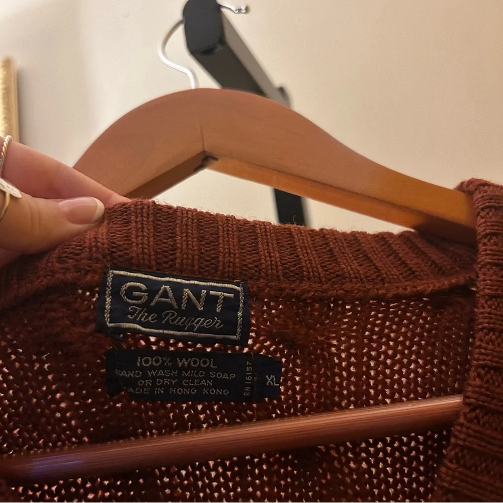 Vintage 70s Gant Rugger Wool Cable Knit Sweater Dark Academia Preppy V-Neck‎ XL